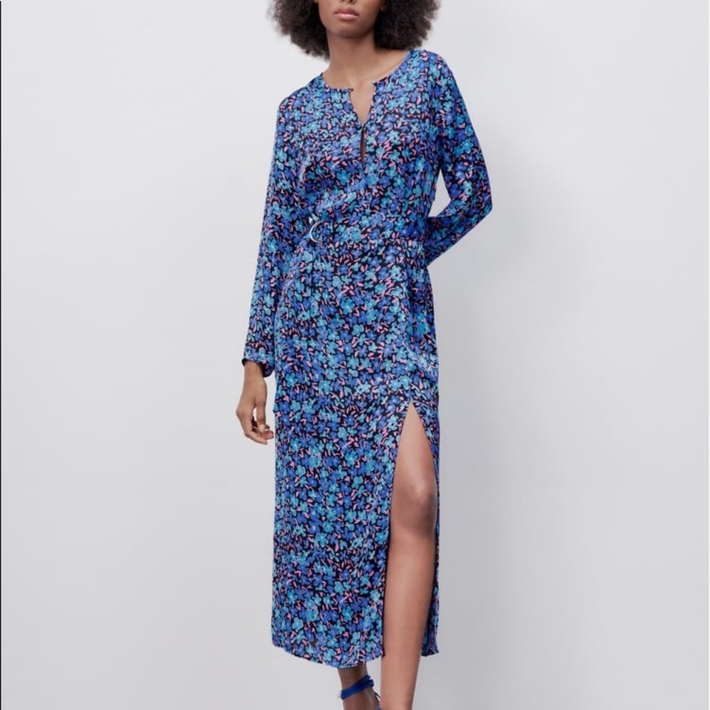 Zara FLORAL PRINT DRESS ROUND NECK LONG SLEEVE W/ BELT & SLIT BLUE SIZE XS NEW